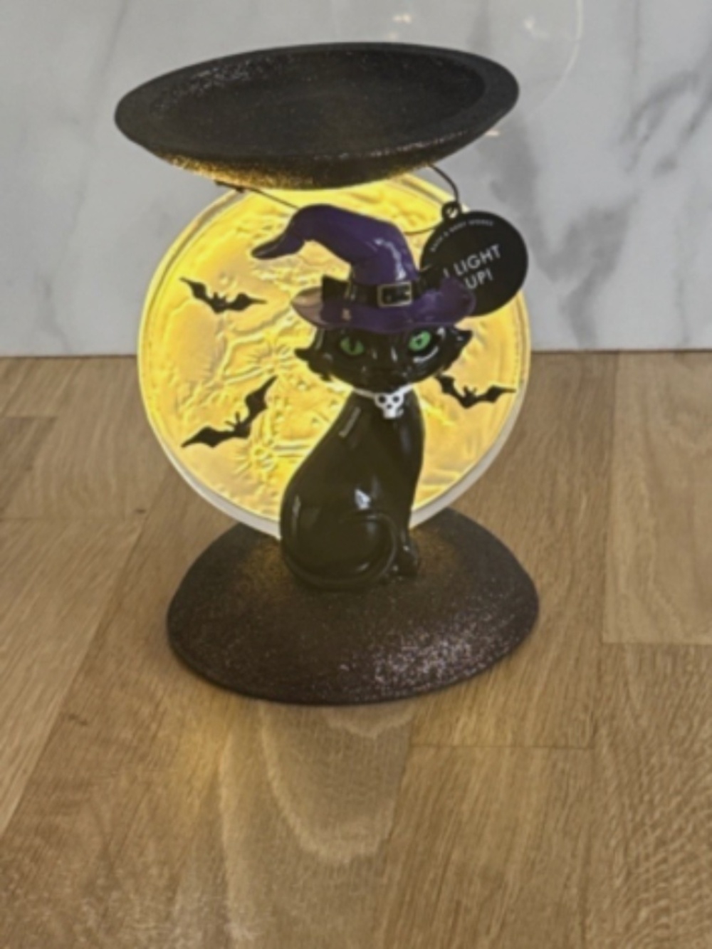Light-up Cat & Moon Pedestal Bath & Body Works 3-wick Halloween Candle Holder